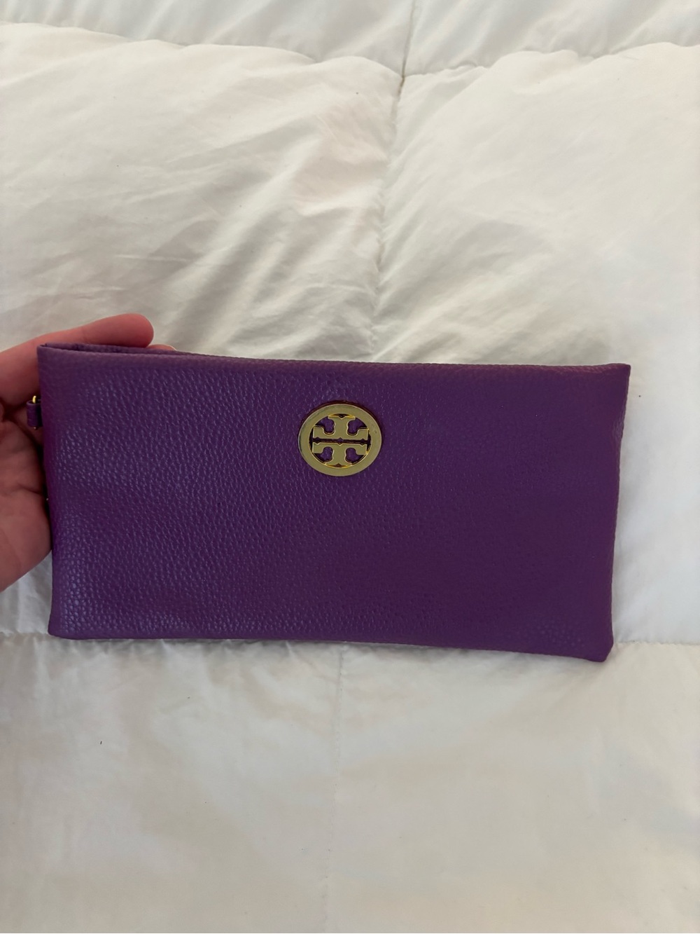 Tory Burch Purple Leather Zip Wristlet with Gold Logo Accent